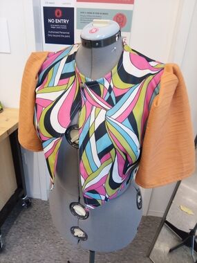 Multicolor Abstract Patterned Crop Top with Orange Sleeves